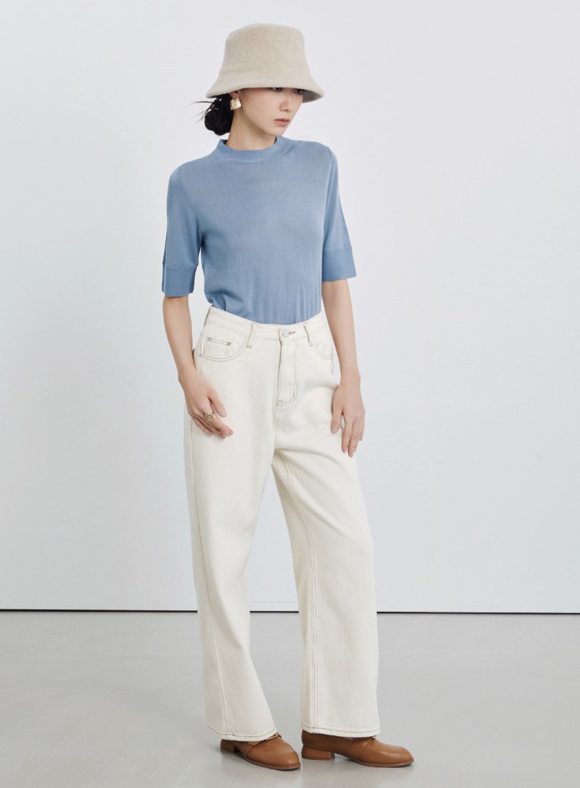 極細羊毛半高領短袖上衣